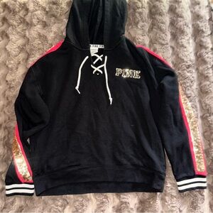 PINK Victoria's Secret Black Hoodie with Gold and Pink Accents